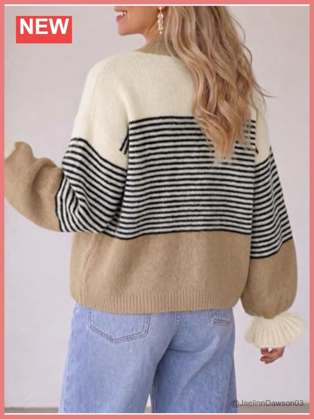 Striped Color Block Ruffle Sleeve Button Up Cardigan Sweater - Picture 5 of 6